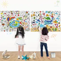 2 PCS Giant Summer Activity Coloring Poster, Under The Sea Large Coloring Tablecloth Ocean Animals Giant Color-in Paper Table Cover for Kids School Classroom Wall Birthday Crafts Supplies