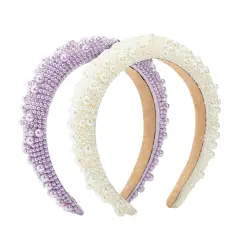 2 Pack Crystal Headbands for Women, Padded Pearl Headband (Lavender, White) Multicolor