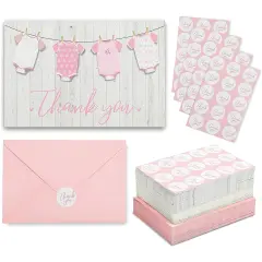 60 Pack Baby Shower Thank You Cards with Pink Envelopes for Girl, 4x6 inch with Clothesline Design and Includes 60 Cute Stickers for Appreciation