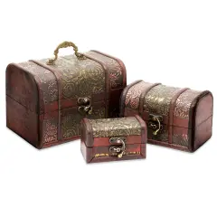 3-Set Wood Treasure Chest Decorative Boxes with Flower Motifs - Vintage Style Small Treasure Box Set for Jewelry, Coin Collection, Bathroom and Home D&eacute;cor (3 Sizes) Brown