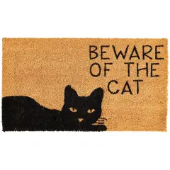 Cat Doormat for Outdoor Entrance, Beware of the Cat Coir Welcome Mat for Front Door (17x30 in) Brown