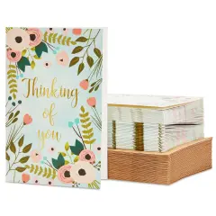 48 Pack Thinking of You Cards Bulk with Brown Envelopes, Gold Foil and Floral Design (4x6 in) Blue