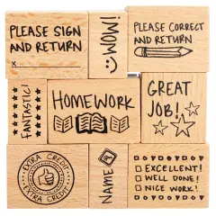 9 Piece Set of Wooden Rubber Teacher Stamps - Classroom Supplies for Grading Homework (Assorted Sizes) Brown