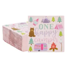100 Pack One Happy Camper Birthday Napkins for Camping Themed Party Supplies and Decor (2-ply, 6.5 In) Pink