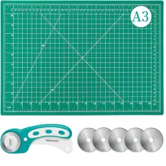 45mm Rotary Cutter and Mat Set, Fabric Cutter Wheel and 12x18 Inch Self Healing Sewing Cutting Mat, Fabric Rotary Cutter with 5pcs Rotary Blades for Quilting Patchworking Crafts, Turquoise