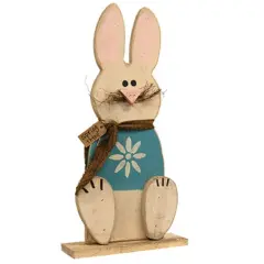 Rustic Wooden Sitting Bunny Decor with Blue Shirt and Grapevine for Spring