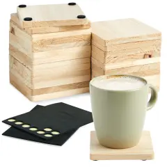 12 Pack Unfinished Wooden Coasters , Blank Wood Crafts Squares for DIY with Non-Slip Foam Dots (3.8 in)