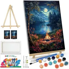 Landscape Paint by Numbers Kit for Adults Beginner with Easel Moon Paint by Number on Canvas with Frame DIY Acrylic Painting for Ideal Gift Home Wall Decor 7.87x11.81 Inch