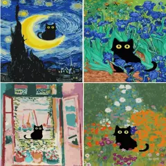Adults Beginners Paint by Number Kits ? Press Digital Easy Acrylic Black cat 4 Pieces Paint, DIY Watercolor Paint Press Digital kit on Canvas Home Wall Decoration Without Frame 12&times;16inch