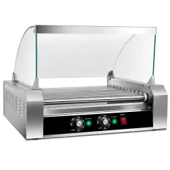 Silver Stainless Steel 11-Roller Hot Dog Grill with Glass Cover
