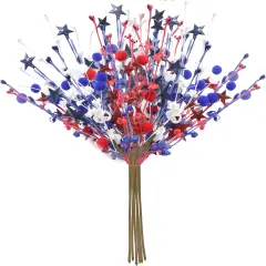 2pcs Patriotic Berry Picks, Artificial Berry Stems 18" Red Blue Star Floral Picks for Floor Vase Decor, Faux Fur Ball Branches for Home Decoration