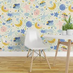 Peel & Stick Wallpaper 2FT Wide Sleepy Bear Celestial Baby Night Sky Whimsical Fun Cute Happy Cheerful Pastel Nlue Blue Pink Moon Star Custom Removable Wallpaper by Spoonflower