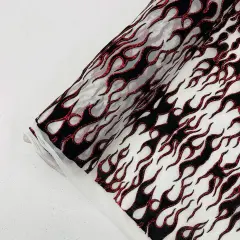 1 Yard Power Mesh Fabric with Black Flocked Flame and Red Glitter Design 60 Inch Width White
