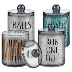 4 Pack Qtip Holder Dispenser with Lids and Labels - 10 oz Acrylic Apothecary Jars Plastic Bathroom Vanity Canister Organizer for Cotton Balls, Pads, Swabs, Floss (Black)