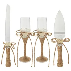 4 Piece Rustic-Style Wedding Cake Knife and Server Set with Champagne Glasses for Bride and Groom, Farmhouse Theme Reception, Country Decorations Multicolor