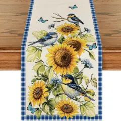 Buffalo Plaid Bird Butterfly Sunflower Spring Table Runner, 13x72 Inch