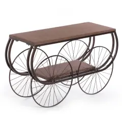 Vintiquewise Industrial Wagon Style Console Table Rustic Wood Top Large Spoke Metal Wheels & Lower Storage Shelf Vintage Accent Display Table for Hallway Entryway Dining Room Living Room or Home Bar