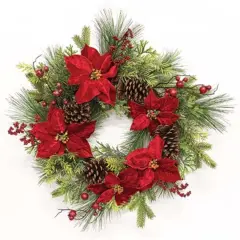 Winter Party Wreath with Pinecones Poinsettias and Red Berries for Christmas