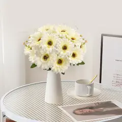 14 Summer Heads Artificial Gerbera Daisies For Tabletop Decor, 2 Bouquets Silk Daisy Flowers Artificial with Leaves & Seedling Shoots, Artificial Wild Flowers for Wedding, Party, Home Indoor Outdoor Decor