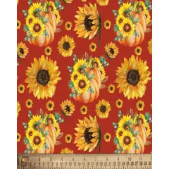 Pumpkins Sunflowers Cotton Fabric | By the Yard | Sewing and Crafting | 44 inches wide