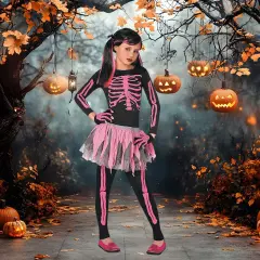 Girls Pink Skeleton Costume with Tutu Skirt and Gloves