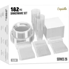 Exquisite 182 Pcs Plastic Plates for Party &ndash; Disposable Plates Set &ndash; 26 Each of 9" Dinner Plates, 7" Dessert Plates, Plastic Cups, Napkins & Plastic Cutlery &ndash; Plastic Dinnerware by Party Solids Clear