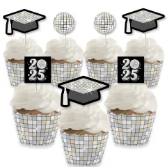 Big Dot of Happiness Disco Grad - Cupcake Decoration - 2025 Groovy Graduation Party Cupcake Wrappers and Treat Picks Kit - Set of 24