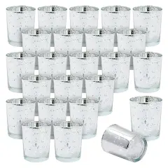 24-Pack Mercury Glass Speckled Candle Holders for 2-Inch Votive Candles, 2.6-Inch Tall Silvered Glass Candleholders for Short Round Wax and Tealight Candles (Silver)