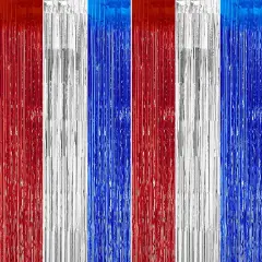 2 Pack 4th of July Party Supplies,3.28 Ft x 6.56 Ft 4th of July Tinsel Backdrop,Blue Silver Red Color Fringe Curtains Streamer Backdrop,4th of July Photo Backdrop Party Decorations