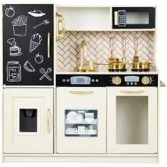 Best Choice Products Pretend Play Kitchen Wooden Toy Set for Kids w/ Telephone, Utensils, Oven, Microwave Cream