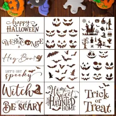 12Pcs Halloween Painting Stencils Pumpkin Face Bat Witch Boo Trick or Treat (Plastic, Wood)