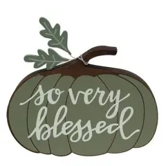 Wooden Pumpkin Sitter with Green Finish and "So Very Blessed" Text