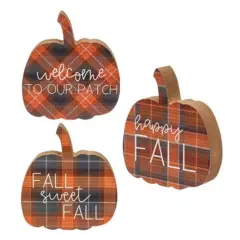 Orange Wood Fall Pumpkin Figurines with Plaid Pattern and White Lettering 3 Asstd.