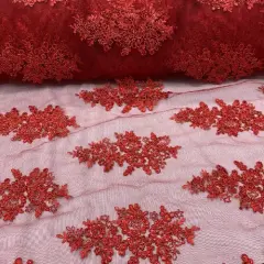 1 Yard Red Floral Sequin Lace Fabric Embroidered Mesh Polyester for Prom Dresses Gowns 51" Width