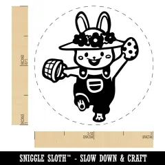 Cute Easter Bunny with Hat Egg and Overalls Self-Inking Rubber Stamp Crafting Orange