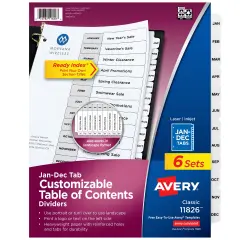 Avery Jan-Dec Dividers for 3 Ring Binders, 12 Tabs per Set, Customizable Table of Contents, Classic White Tabs (6 Sets of 11826)