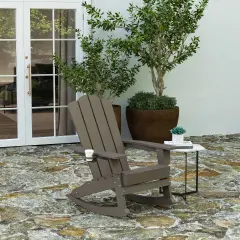 Merrick Lane Nassau Adirondack Rocking Chair with Cup Holder, All-Weather HDPE Indoor/Outdoor Chair Brown