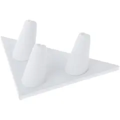 Plymor White Faux Leather Ring Finger Display, Three on Triangular Base, 5" W x 3.25" D x 1.625" H