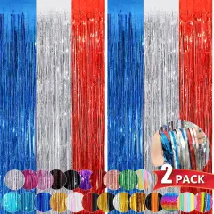 Red Blue Silver Tinsel Foil Fringe Curtains, 2 Pack 3.3x8.3 Feet Party Streamer for Birthday Party Decorations, Halloween Decor, Foil Curtain for Bachelorette Party