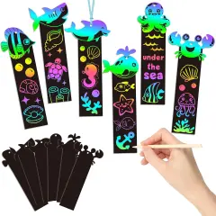 60Pcs Sea World Animals Scratch Bookmarks for Kids DIY Under The Sea Magic Art Rainbow Color Paper Craft Kit Summer