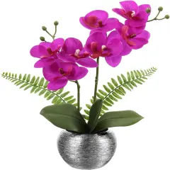 Fake Orchid Fake Flowers 13'' Purple Orchids Artificial Flowers with Silver Ceramic Vase Faux Orchid for Home Office Decor Indoor