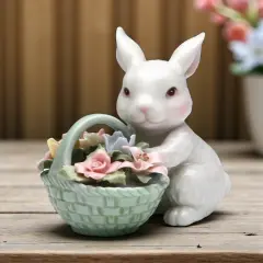 Ceramic Easter Bunny Rabbit With Flower Basket Figurine, Home D&eacute;cor, Gift for Her, Gift for Mom, Spring Decor