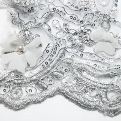 1 Yard Tulle Lace Fabric with 3D Embroidered Applique Design, 52&Prime; Wide Silver