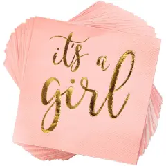 50 Pack It's a Girl Napkins for Baby Shower, Gold Foil Party Supplies (3 Ply, 5x5 In) Pink