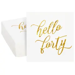 50 Pack Hello Forty Cocktail Napkins with Gold Foil for 40th Birthday Decorations, 3-Ply, White (5 x 5 In)