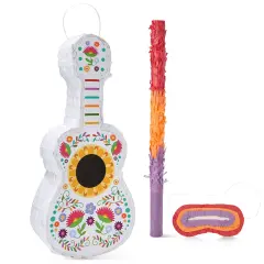 3-Piece Floral Guitar Pinata Bundle with Stick and Blindfold for Cinco de Mayo, Kids Birthday Party (7.5 x 3 x 16.5 In) Multicolor