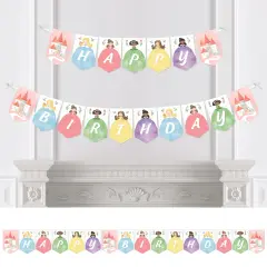 Big Dot of Happiness Princess Happy Birthday Party Banner, Pastel Colorful Princess Dress Characters Party Decorations - Happy Birthday Bunting Banner