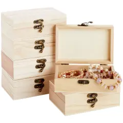 6 Pack Unfinished Wooden Boxes for Crafts with Hinged Lids and Front Clasps, 6 x 4 x 2 In for Jewelry, Crafts, Storage Brown