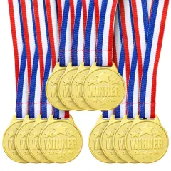 12 Pack Gold Winning Participation Medal Awards for Contests with Neck Ribbon for Sports, Competitions, Tournaments, Spelling Bees, Olympic Style for Kids and Adults (Metal, 1.5 Inches)