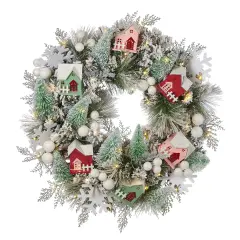 Christmas Snowy Cottage Wreath 26in Pre-Lit with 50 LED Fairy Lights B/O